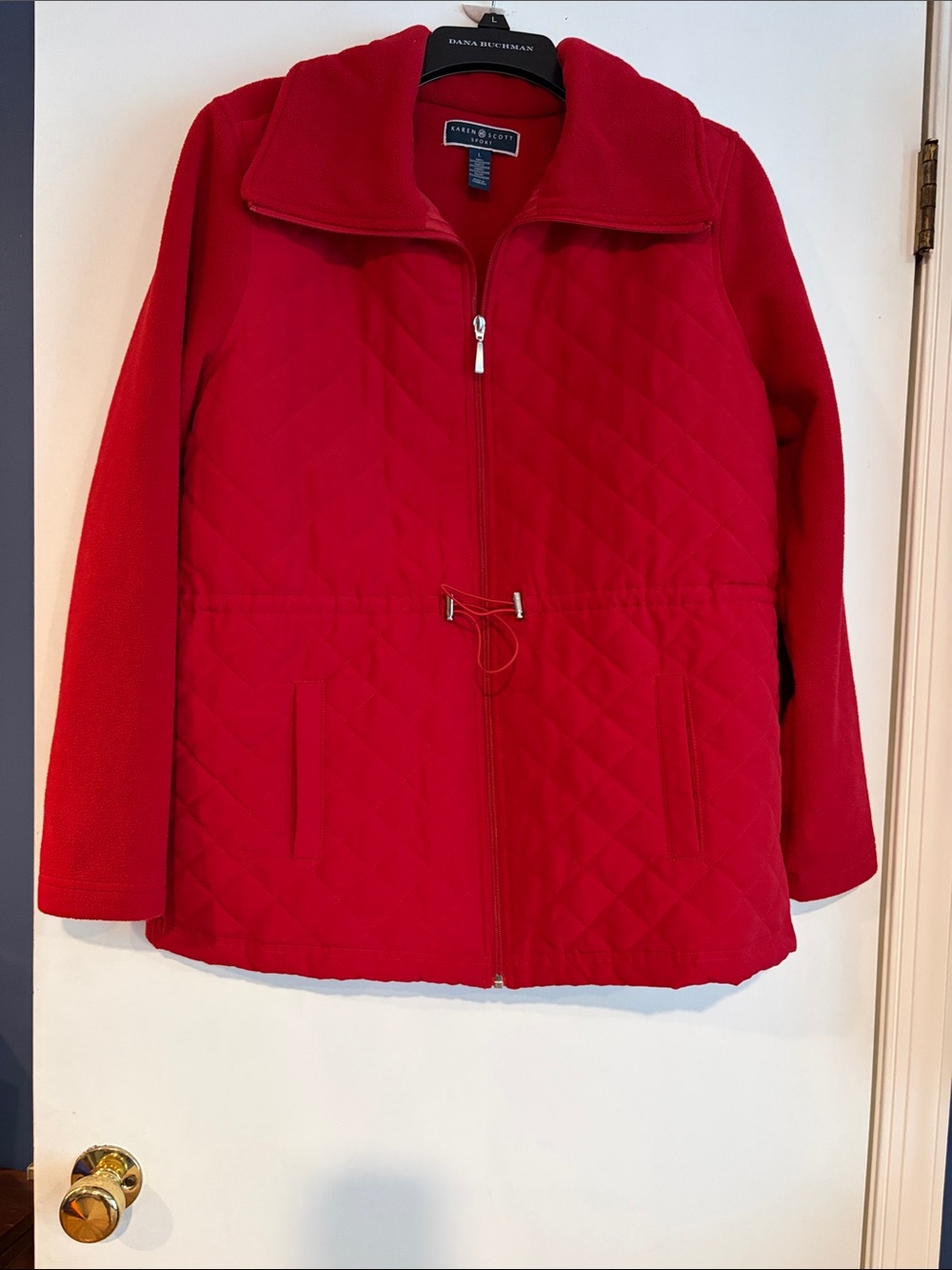 Karen Scott Sport Red Quilted Zip Up Jacket Cinched Waist Large